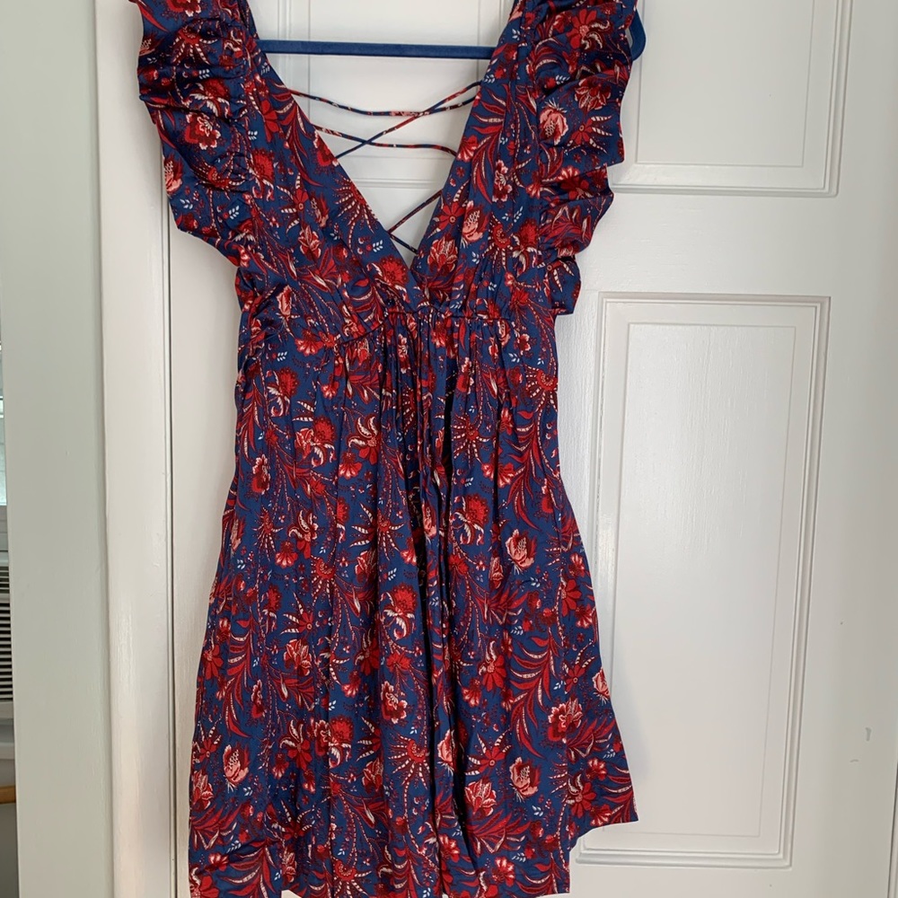 Mango x Chufy print mini dress with lace-up back, size 8, BNWT